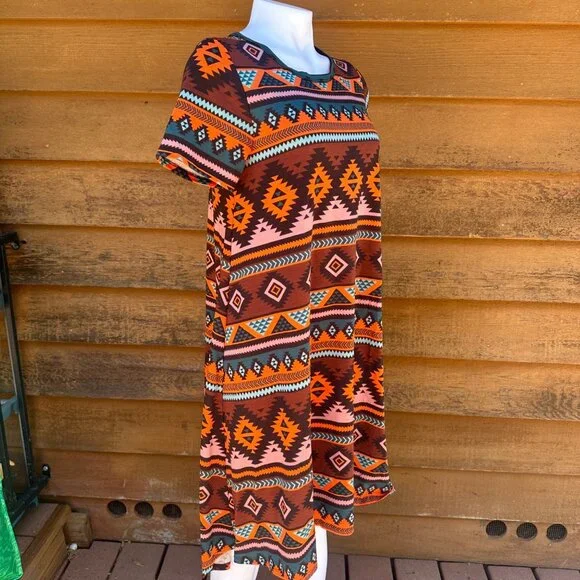 Lularoe Aztec Tribal Print Midi Dress Short Sleeve Made With Stretch Fabric Mult - Picture 7 of 9